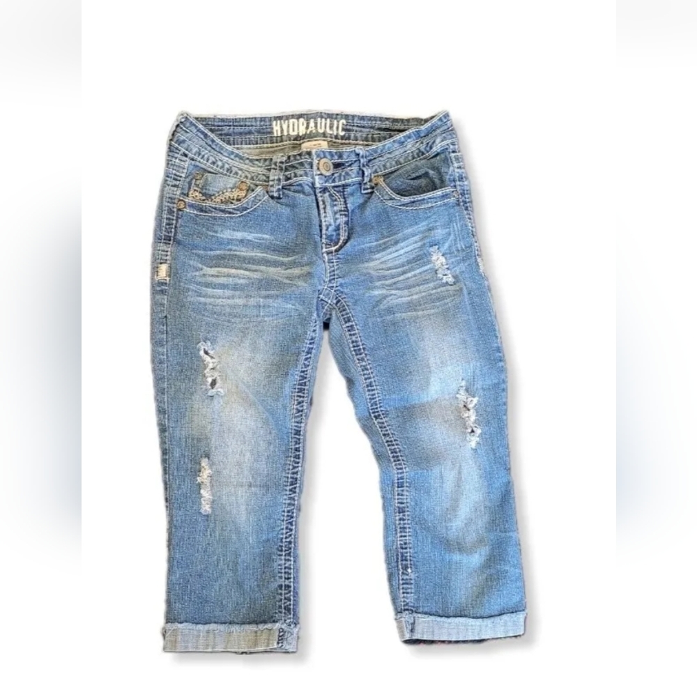 Hydraulic Jeans Capri Length Medium Blue Wash Distressed Low Rise Size 7…